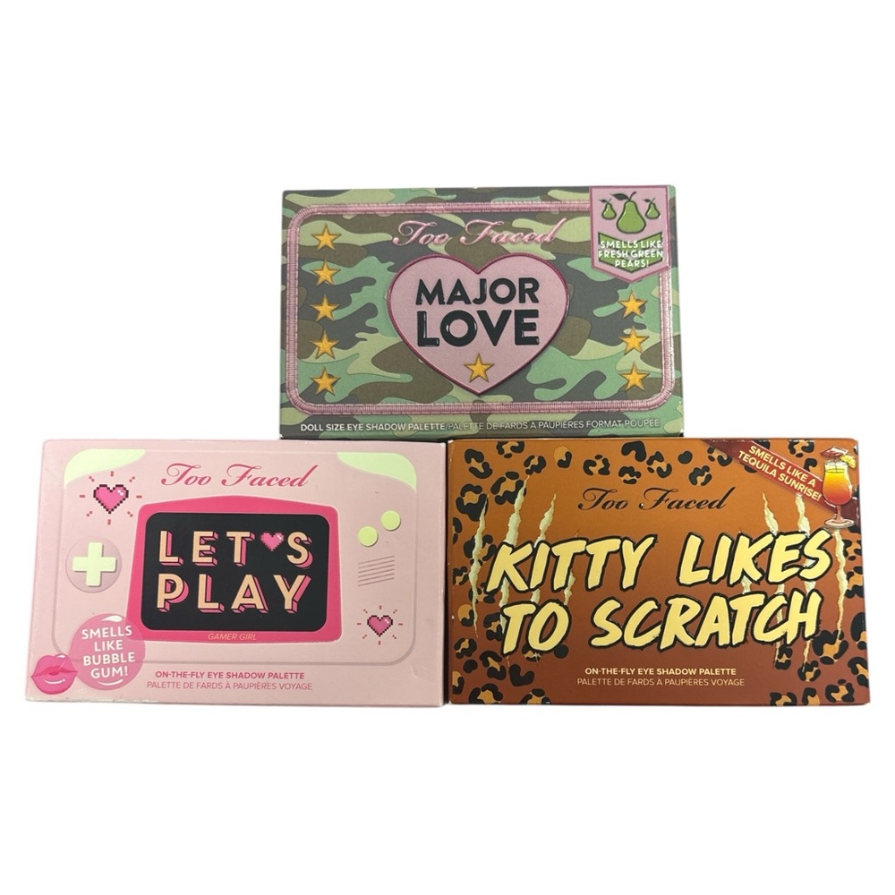 NIB TOO FACED EYESHADOW BUNDLE 
Major Love, Let’s Play &Kitty Likes To Scratch